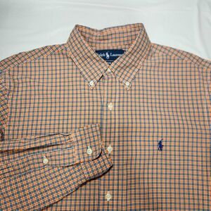 Ralph Lauren Polo Shirt Mens  Medium Orange / Blue Plaid & Blue Pony Button Down